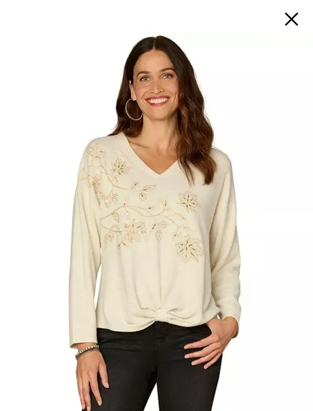 NEW! Democracy V-Neck Knot Hem Long-Sleeve Top Cream Size S Beaded Sequins